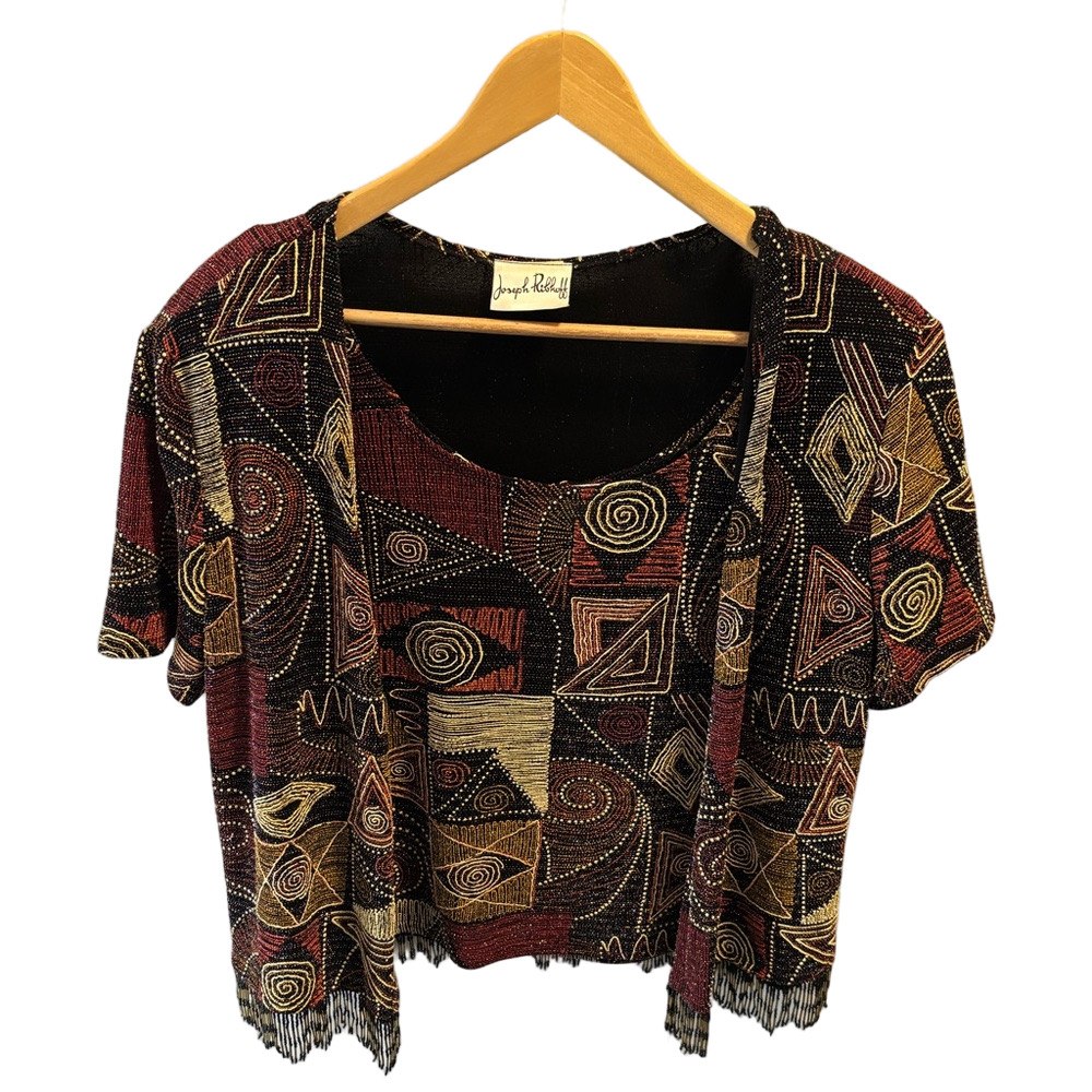 Joseph Ribkoff Black Multicolor Geometric Cropped Top with Fringe